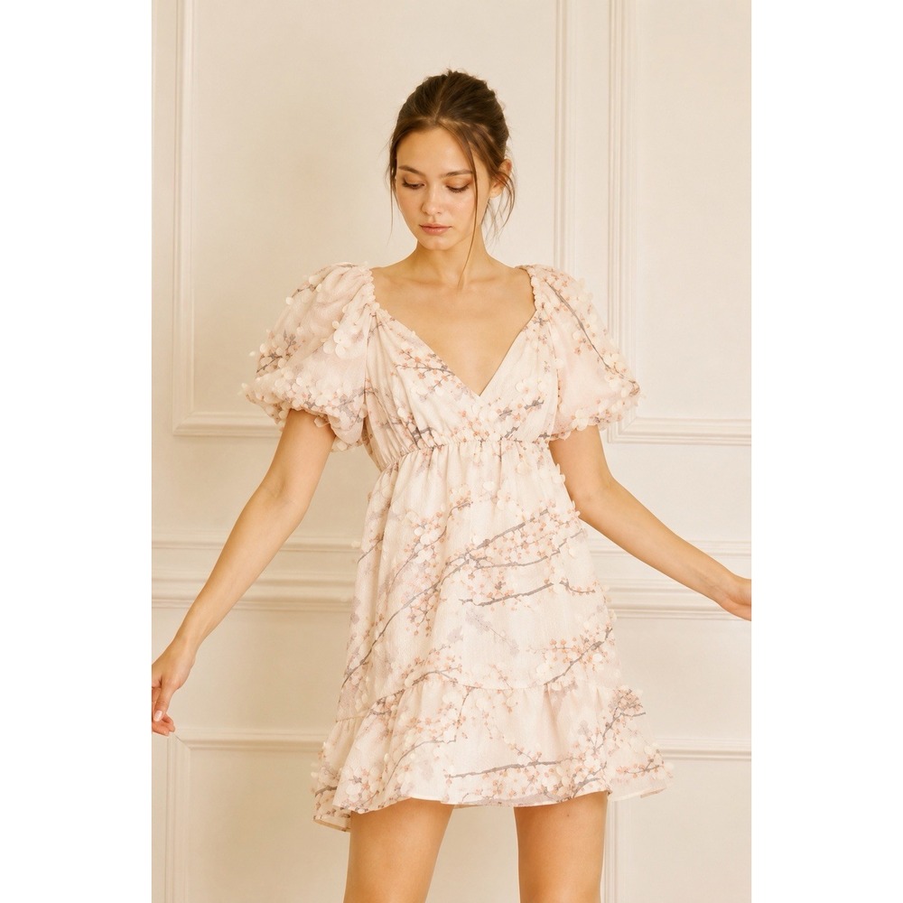 Storia Cherry Blossom Floral Appliqué Puff Sleeve Mini Dress Size Small